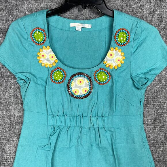 Boden Top Womens 6‎ Blue Linen Tunic Boho Embellished Elastic Waist Beaded - Picture 3 of 12